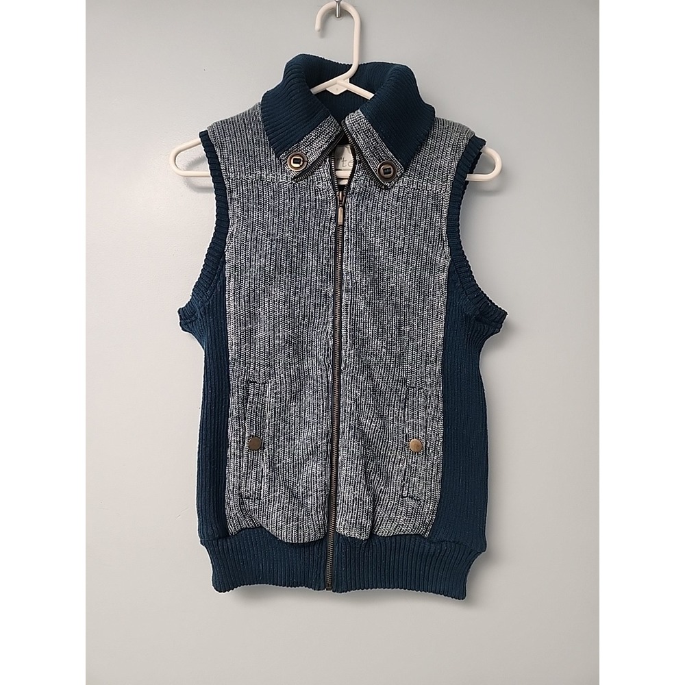 Green Tea Womens M Sweater Knit Vest Full Zip Teal Green Cream‎